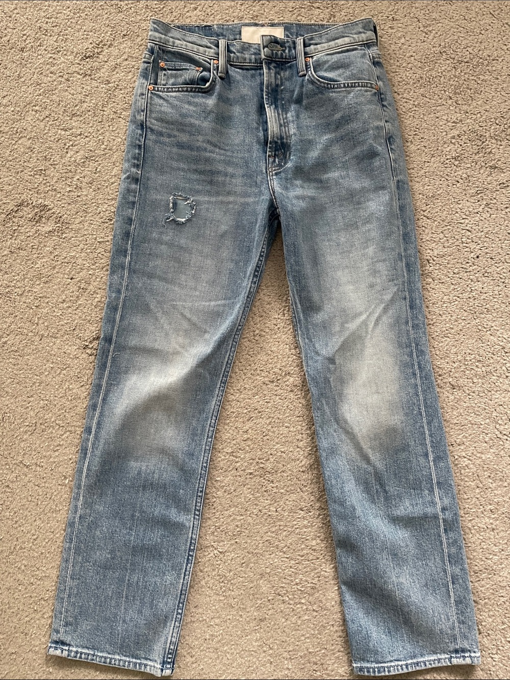 MOTHER High Waisted Rider Ankle Blue Distressed Jeans
